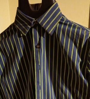 GAP Men's Navy and Lime Striped Shirt